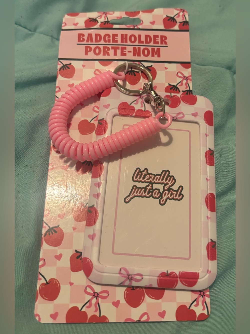 Pink Cherry Badge Holder with Coiled Wrist Strap